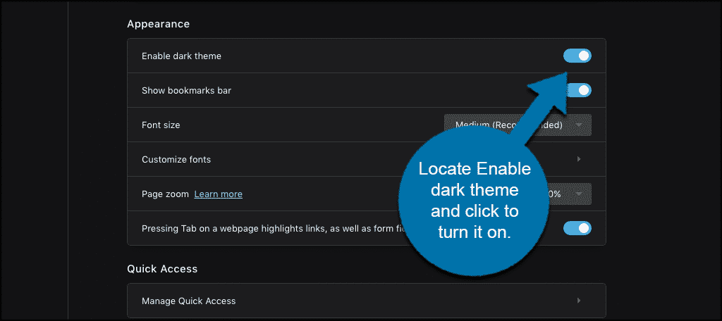 Locate enable dark theme and turn it on