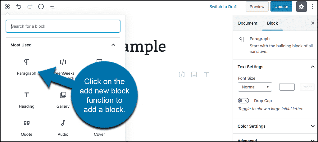 Click on the add new block function to add a block into the gutenberg editor