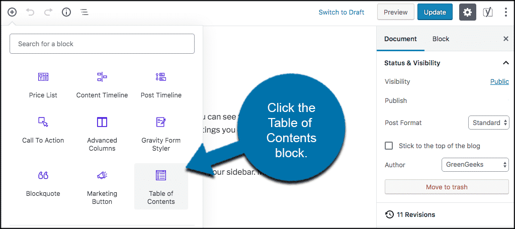 Add the table of contents block