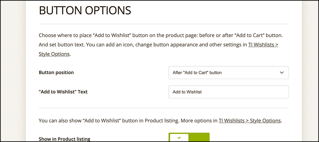 Configure button options for TI WooCommerce Wishlist