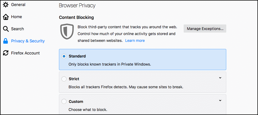 Set content blocking to standard