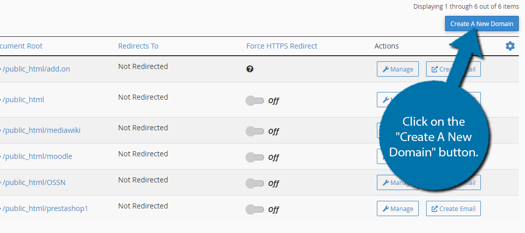 Click on the Create New Domain to make a subdomain in cPanel