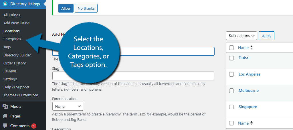 Locations, Categories, or Tags in Directorist