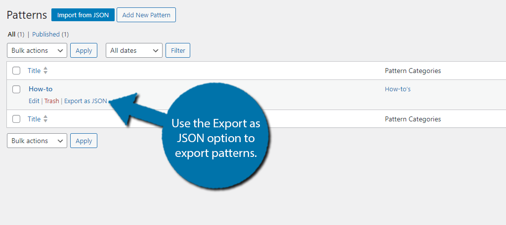 Export content patterns in WordPress