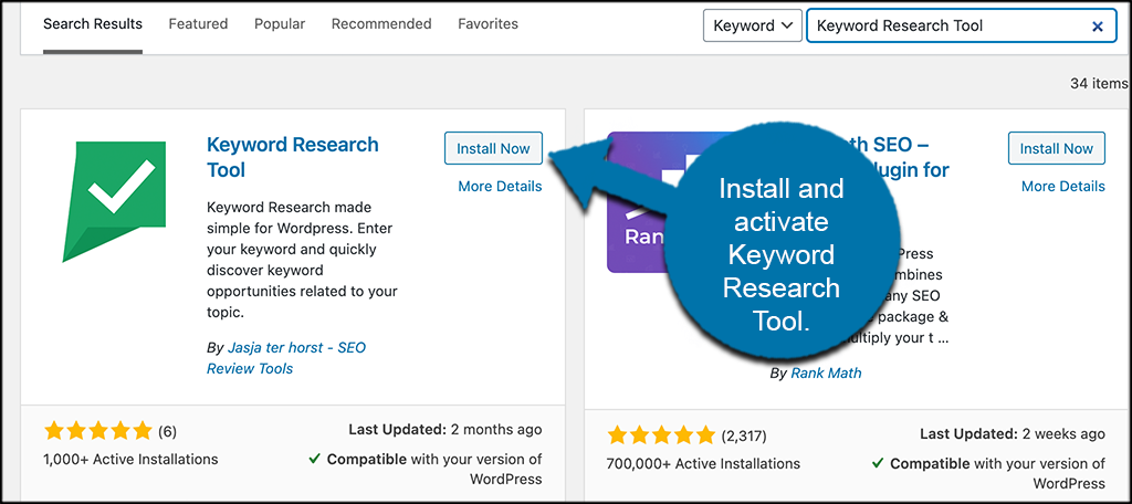 Install and activate Keyword Research Tool 