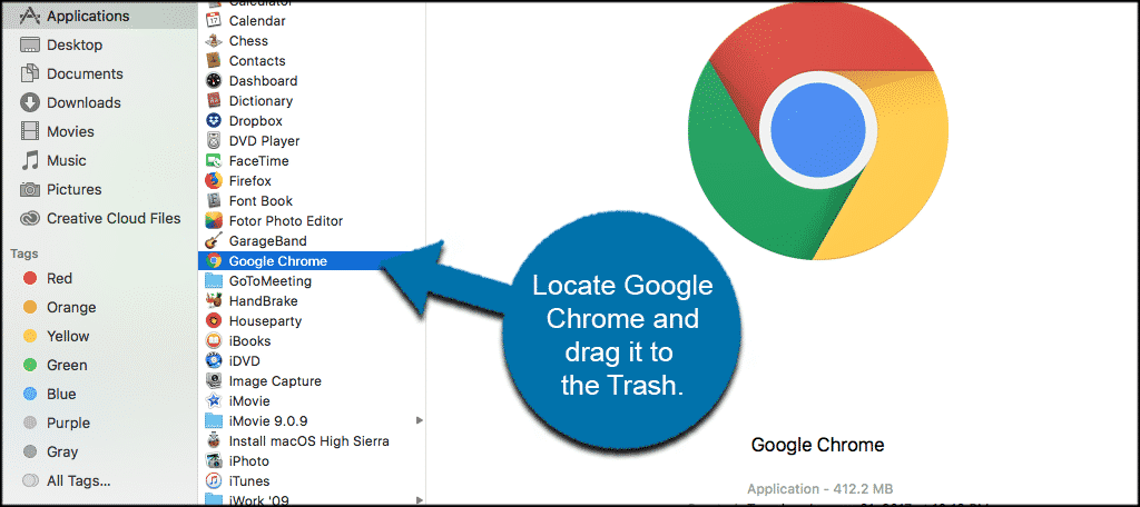 Locate google chrome and drag it to the trash to uninstall it