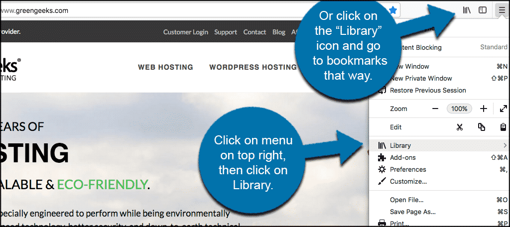 Click on menu then on library to access bookmarks