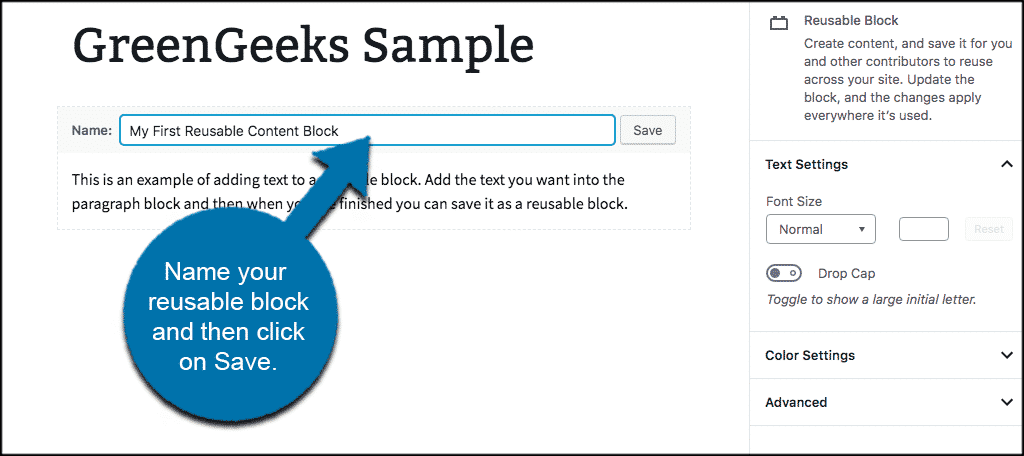 Name your reusable block and then click on save