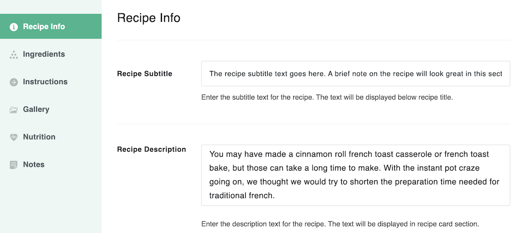 Recipe info