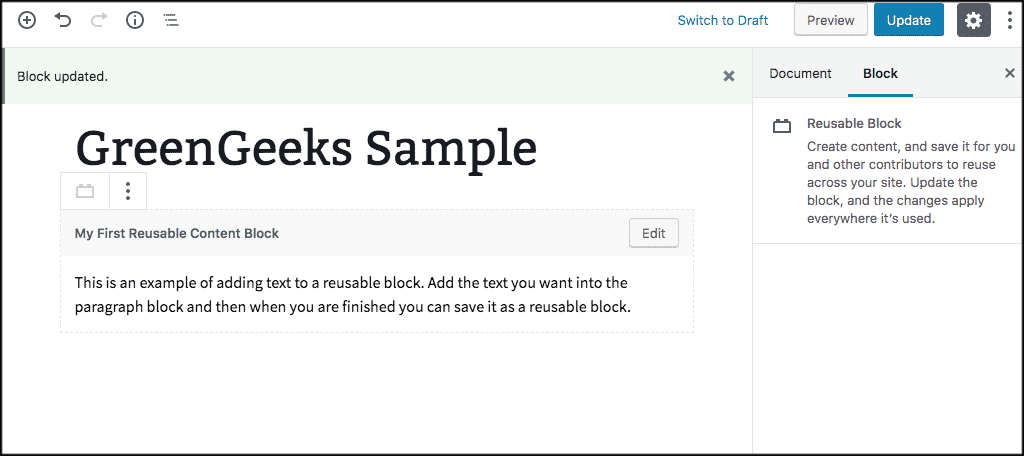 Your reusable block will be added to your post or page