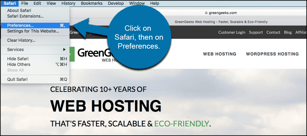 Click on safari then preferences