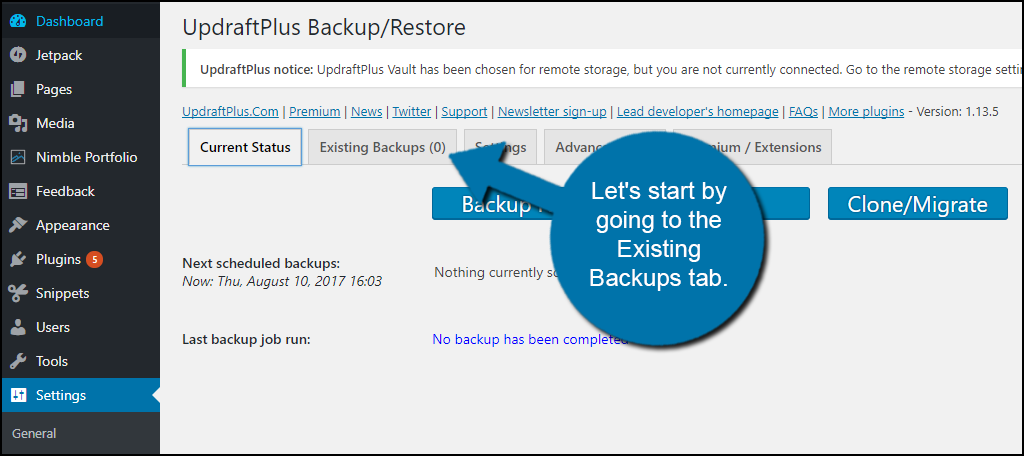  Existing Backups tab.