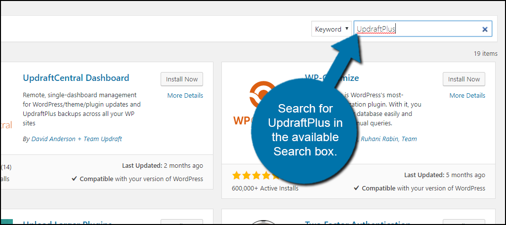 Search for UpdraftPlus in the available Search box. 